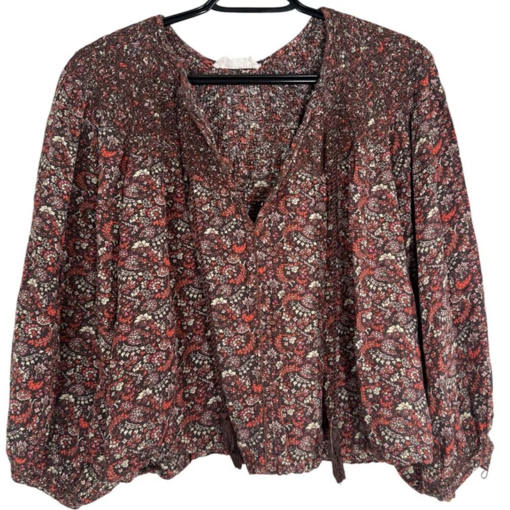 Lucky Brand Womens Peasant Top Sz M Boho Boxy Oversized Floral Brown Tassel